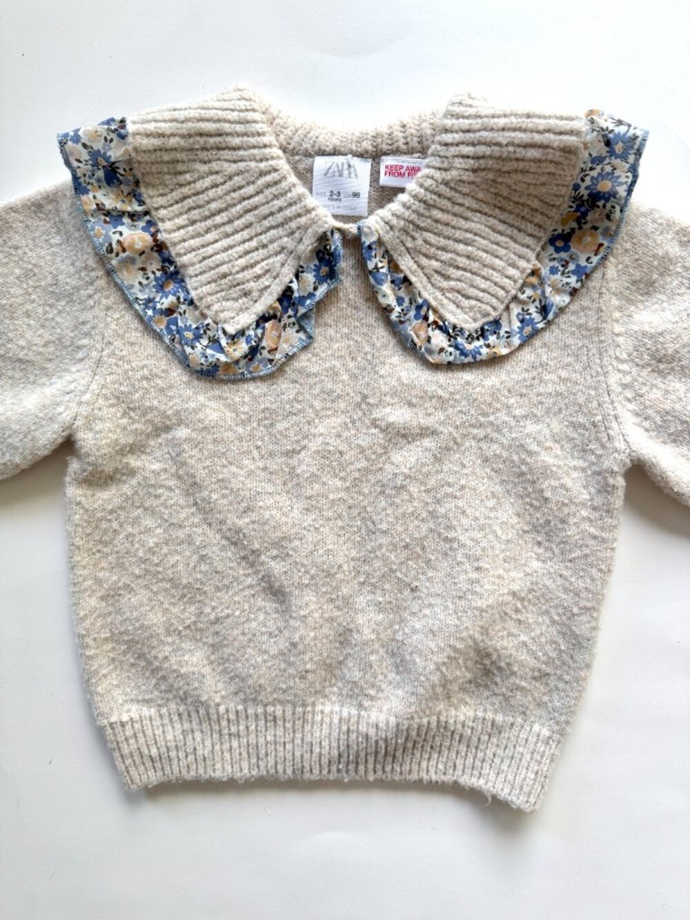 Zara Girls Cream Floral Collar Sweater 2-3Y 98cm